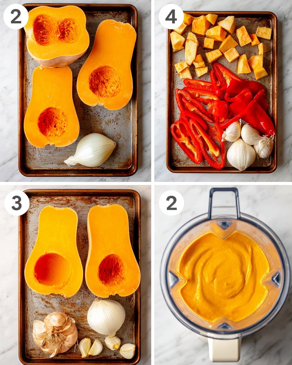 The image shows four steps of making butternut squash soup. Step 1 has two halves of raw bright orange butternut squash with hollow centers placed on a baking sheet, along with peeled white onions, a full garlic bulb, and red bell pepper slices; everything rests on a white marbled surface. Step 2 shows the same baking sheet with all the vegetables roasted: the butternut squash halves now look light brown and wrinkled, the red bell peppers are charred and soft, the onions are golden and slightly browned, and the garlic has also roasted. Step 3 focuses on a clear blender container filled with chunks of the roasted butternut squash, red pepper, onions, and garlic ready to be blended, set on a white marbled countertop. Step 4 shows a white pot filled with smooth, creamy, bright orange butternut squash soup, with subtle swirl marks on the surface. Photo taken with an iphone --ar 4:5 --v 7