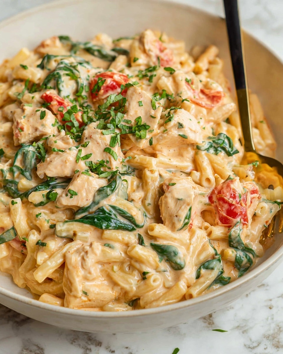 This image shows a creamy pasta dish served in a white bowl on a white marbled surface. The dish has three main layers: small tubular pasta coated in a thick, creamy beige sauce with a smooth texture forms the base layer; on top of that are chunks of light brown chicken mixed evenly with fresh green spinach leaves and small pieces of red tomato adding pops of color; the whole dish is garnished with finely chopped green herbs sprinkled across the surface. A gold and black fork is partially visible on the right side, resting inside the bowl. Photo taken with an iphone --ar 4:5 --v 7