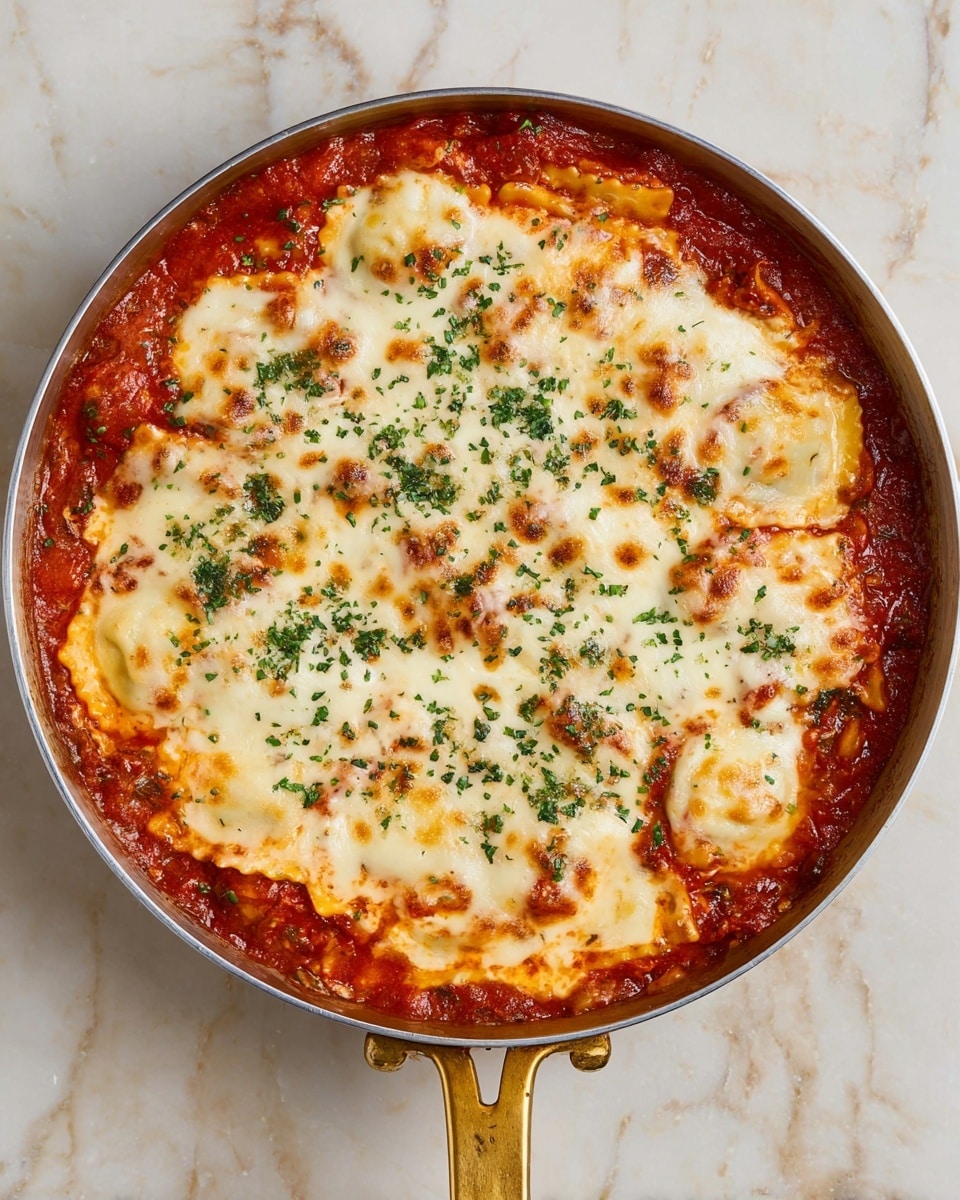 A round pan with a golden handle holds a layered dish. The bottom layer is a rich red tomato sauce with visible chunks of tomatoes and some bits of herbs. On top of the sauce, there are ravioli pieces that are slightly submerged. The top layer is a thick coating of melted white cheese with golden brown spots, sprinkled evenly with small green herb bits. The pan is placed on a white marbled surface. photo taken with an iphone --ar 4:5 --v 7