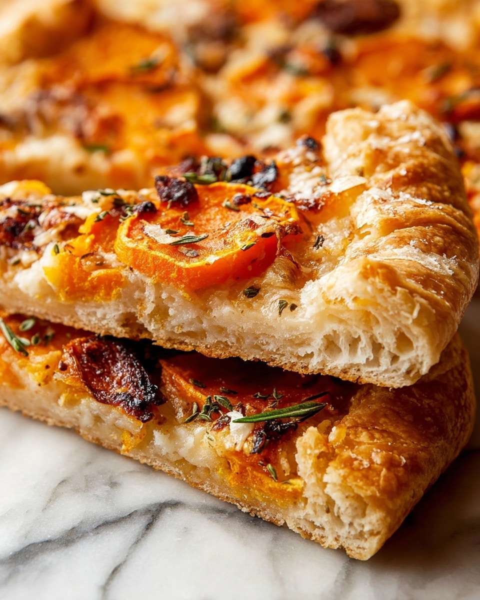 The image shows a close-up of two slices of pizza stacked on top of each other. The pizza has a thick, puffy crust with a golden-brown color and a flaky, layered texture. The top layer of the pizza is covered with bright orange roasted slices, possibly sweet potatoes or squash, and small bits of browned cheese that add a slightly melted texture. There are scattered dark caramelized spots and small green herbs like rosemary sprinkled on the pizza, adding color contrast. The surface under the pizza is a white marbled texture. The photo taken with an iphone --ar 4:5 --v 7