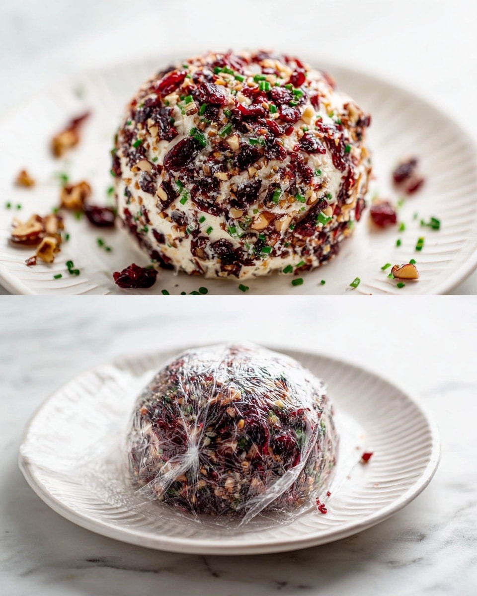 The image shows a round cheese ball covered in different layers of ingredients. The base layer is white cream cheese, which forms the main shape. The top and sides are fully covered with finely chopped dark red dried cranberries, textured light brown nuts, and small green chives. There are loose pieces of the cranberries and nuts scattered around the cheese ball on the white plate. On the right side, the cheese ball is wrapped in clear plastic wrap on a white plate with a subtle textured edge, placed on a white marbled surface. The whole scene is bright with soft natural light. photo taken with an iphone --ar 4:5 --v 7