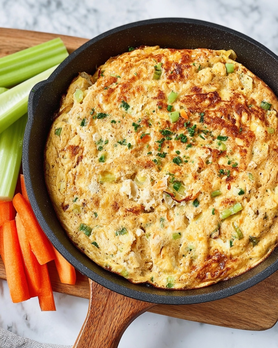 A close-up view of a cooked egg dish in a dark cast iron skillet with a wooden handle, placed on a wooden board over a white marbled surface. The dish's surface is golden-brown with slightly crispy edges and a soft, uneven texture showing bits of green herbs and light yellow melted cheese scattered throughout. Three light green celery sticks and two orange carrot sticks rest on one side of the skillet, adding a fresh and colorful contrast to the warm tones of the egg dish. Photo taken with an iphone --ar 4:5 --v 7