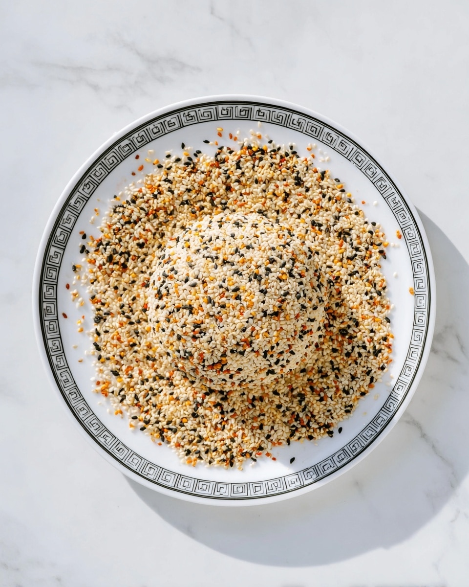 The image shows a white plate with black square and line patterns on the rim, placed on a white marbled surface. On the plate, there is a round mound covered evenly with small seeds in white, black, and orange colors, resembling a mixture of sesame and other seeds. Around the mound, more of the seed mixture is spread flat on the plate, creating a textured layer surrounding the round shape. The seeds give a speckled and colorful look with the colors distributed throughout the mound and plate. photo taken with an iphone --ar 4:5 --v 7