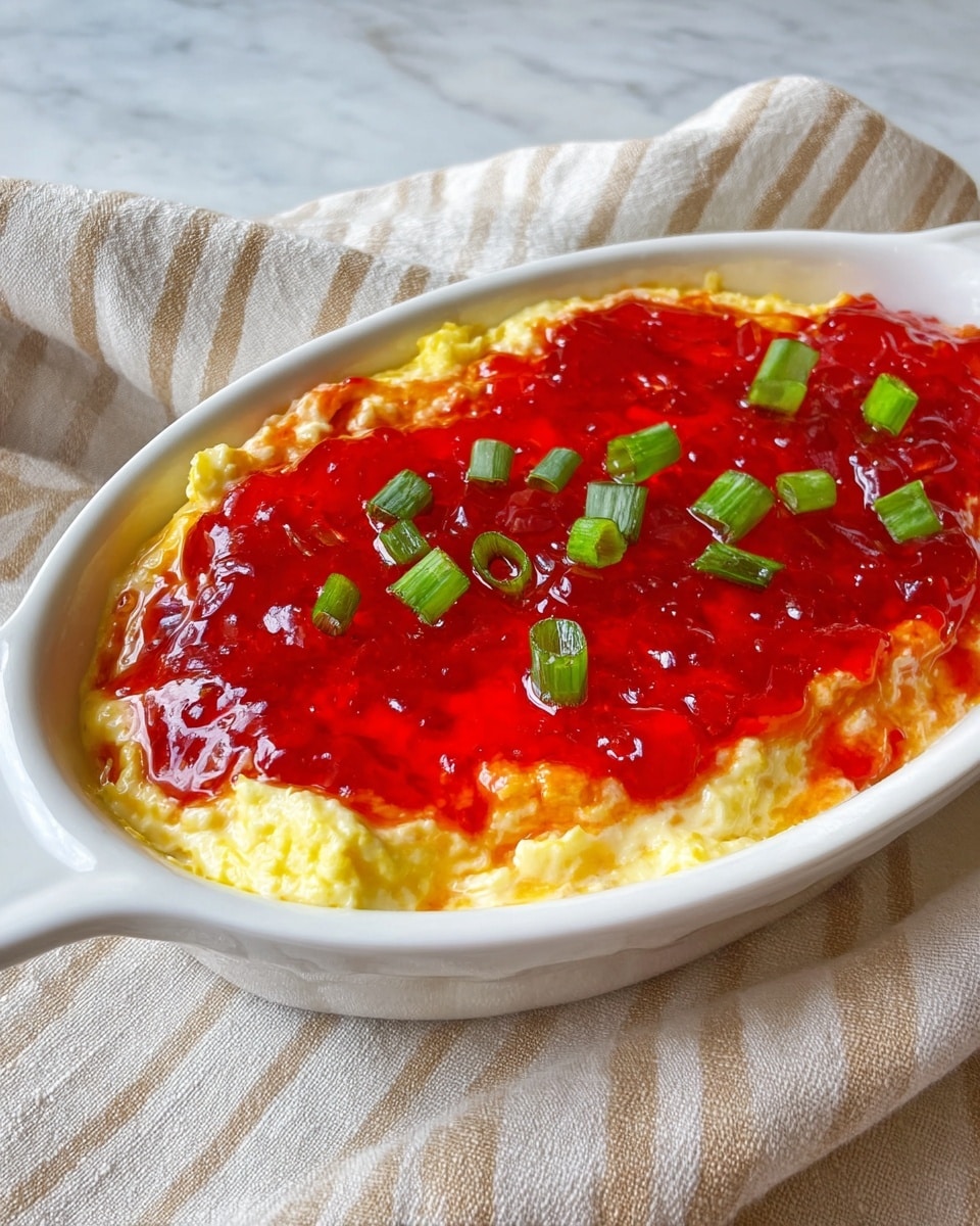 A white oval dish holds a two-layer dip on a white marbled surface. The bottom layer is creamy and yellow with a soft, slightly lumpy texture. The top layer is a thick, shiny, bright red jelly spread evenly across the dip. Small chopped green onion pieces are scattered on top of the red jelly, adding a fresh green color contrast. A beige cloth with stripes is folded and placed behind the dish, showing soft fabric texture. Photo taken with an iphone --ar 4:5 --v 7