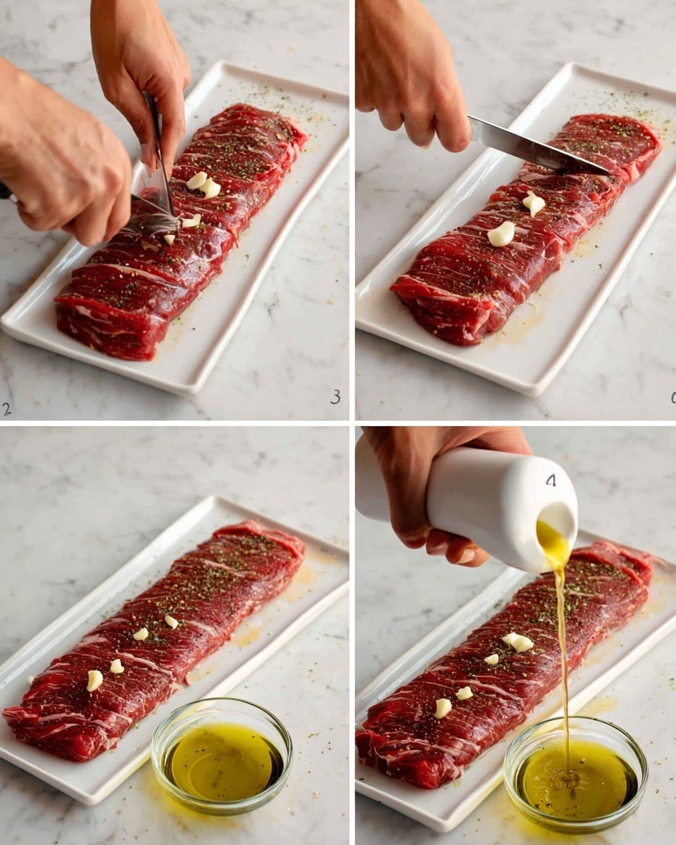 A white rectangular plate holds a long, raw red piece of meat with light fat patches on the edges. In the first image, a woman's hand is making small cuts into the meat with a knife. In the second image, the woman's hand is pressing small slices of garlic into these cuts. The third image shows the meat covered with small garlic pieces and black pepper, while a woman’s hand is using a white pepper grinder above it. In the fourth image, the woman's hand is pouring golden olive oil from a small clear glass bowl over the garlic-studded, seasoned meat. The background and surface are white marbled texture. Photo taken with an iphone --ar 4:5 --v 7