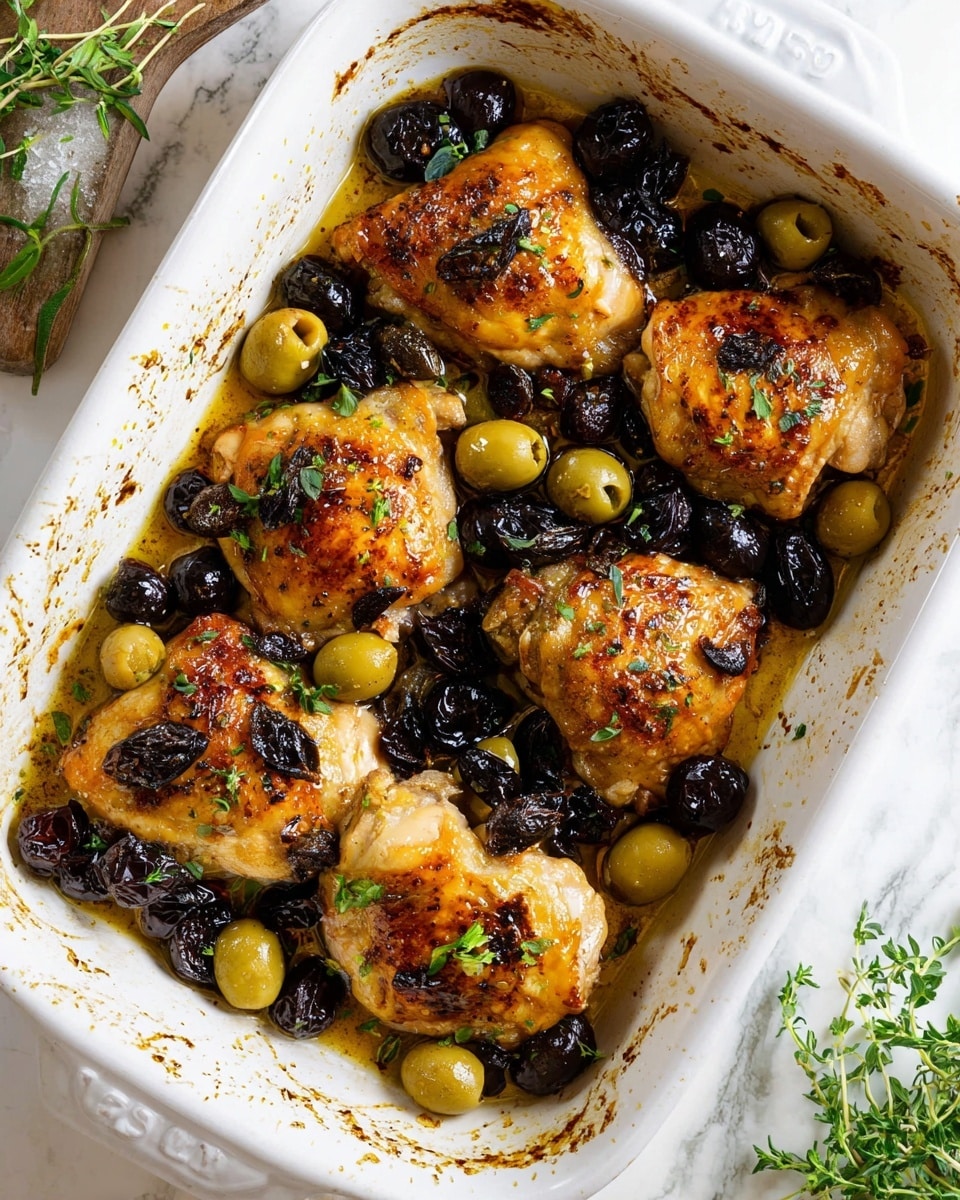 A white baking dish holds six cooked chicken pieces arranged in two rows, each piece golden brown with a shiny, oily texture. Dark brown prunes and sliced black olives are scattered around and on top of the chicken, along with whole green olives. Small green herb leaves are sprinkled over everything, adding a fresh touch. The dish’s edges show some cooked oil stains. The background is a white marbled surface with some sprigs of fresh herbs nearby. Photo taken with an iphone --ar 4:5 --v 7