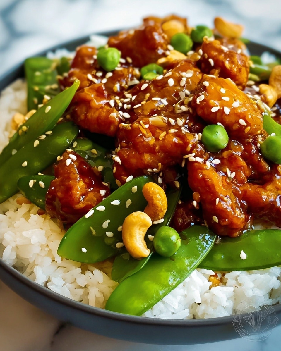 The image shows a close-up of a dish with three main layers: the bottom layer is soft white rice, topped with a mix of bright green snap peas and whole cashews. Above this is a thick, shiny reddish-brown sauce coating golden brown, small pieces of cooked meat. The dish is sprinkled with small white sesame seeds and a few small green peas, all set against a white marbled surface. photo taken with an iphone --ar 4:5 --v 7
