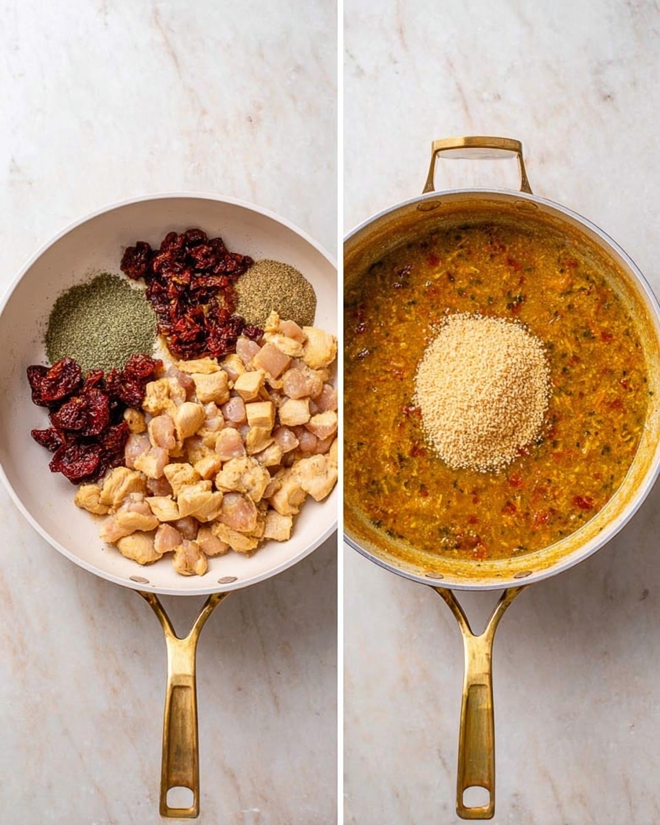 A white pan with a golden handle on a white marbled surface holds diced chicken pieces in the bottom half, with dark red sun-dried tomatoes on the top left and a small pile of green herbs and spices on the top right. The second image shows the same pan filled with a thick orange-brown sauce with visible herbs and small chicken pieces submerged, and a mound of light brown dry rice in the bottom right part of the sauce. Photo taken with an iphone --ar 4:5 --v 7