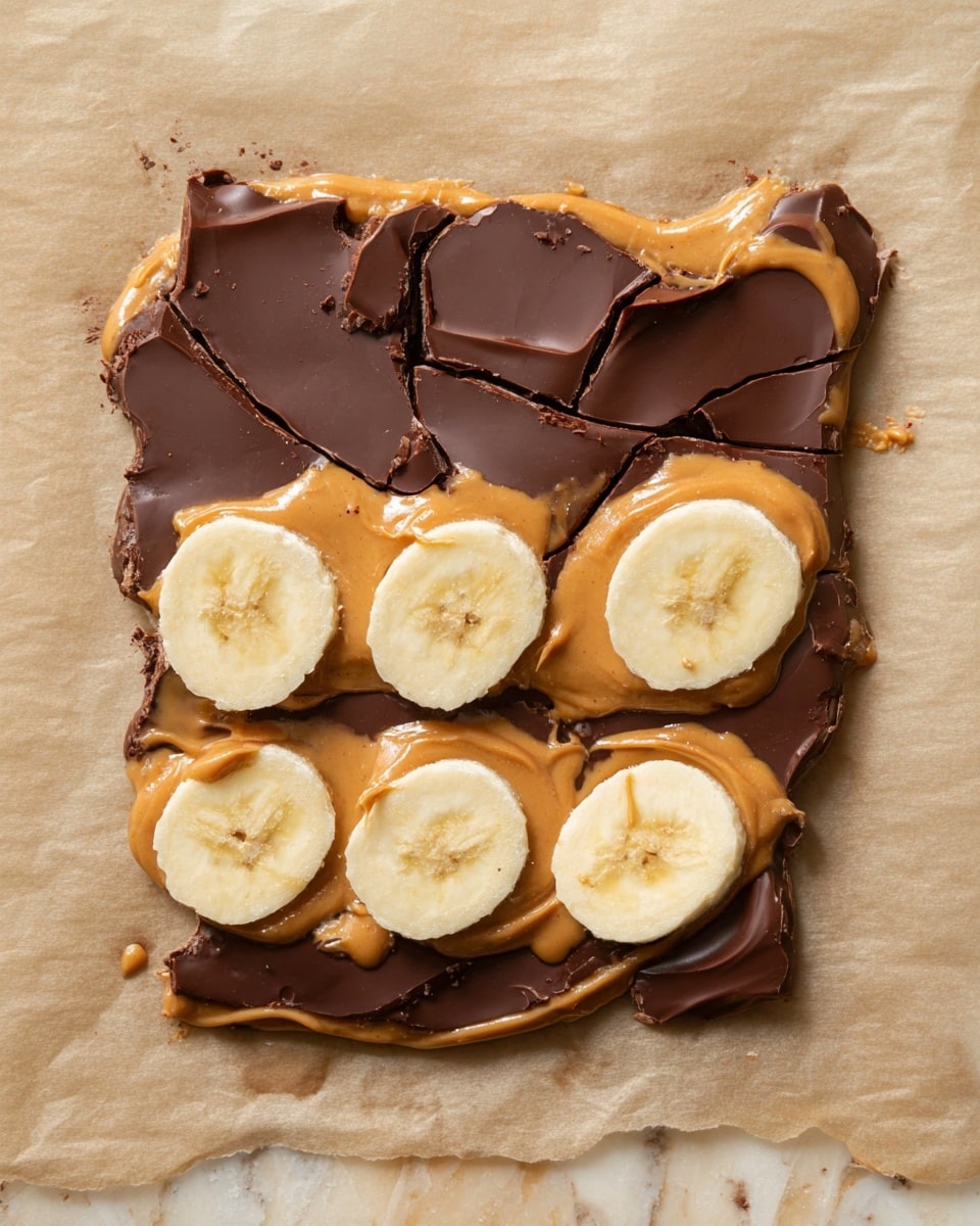 The image shows several broken pieces of a layered dessert on a white marbled surface. The bottom layer is pale and smooth, topped by a thick orange layer with a creamy texture. On top of the orange layer, slices of white banana are placed. The dessert is finished with a thick, glossy dark brown chocolate layer that has cracks and shiny spots. The pieces are uneven, with the chocolate layer breaking in sharp, irregular shapes. Photo taken with an iphone --ar 4:5 --v 7