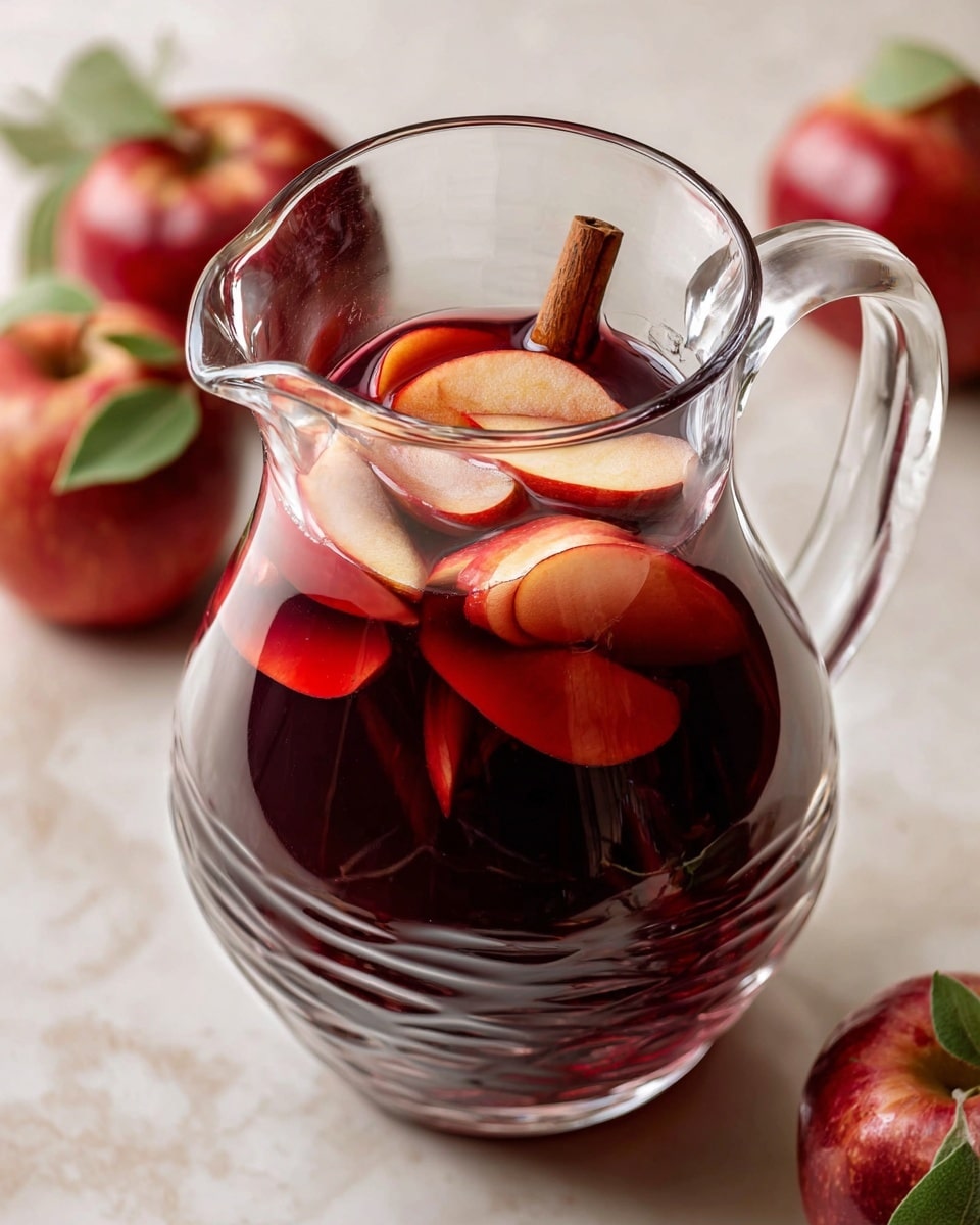 A clear glass pitcher filled with deep red liquid, showing several light red apple slices floating near the top, along with a single whole cinnamon stick positioned centrally. The pitcher has a thick glass handle on the right side and a wide opening with patterned ridges along the rim. In the blurry background, red apples and green leaves rest on the white marbled surface. The light reflects softly off the glass, highlighting the smooth texture of the liquid inside. photo taken with an iphone --ar 4:5 --v 7