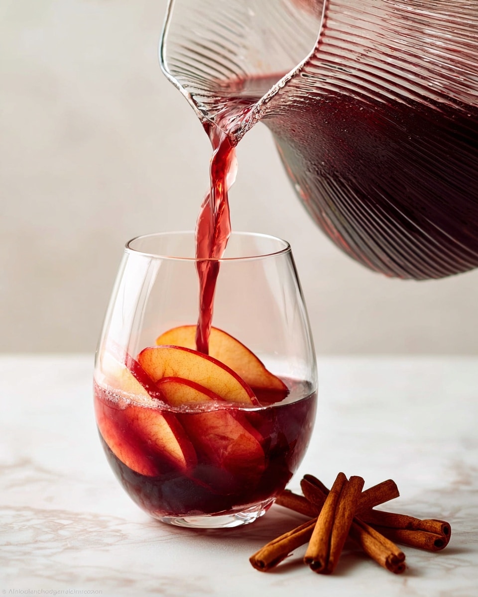 A clear glass filled with dark red liquid is being poured from a large glass pitcher with vertical ridges. Inside the glass are several thin, curved slices of red and yellow apple floating on top of the liquid. Next to the glass on the white marbled surface, there are three cinnamon sticks arranged casually. The background is soft and light, highlighting the deep red color of the drink and the fresh fruit slices. photo taken with an iphone --ar 4:5 --v 7