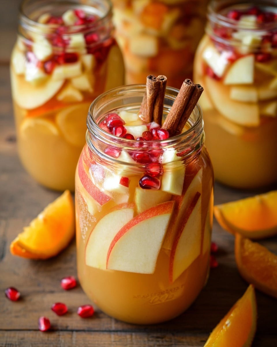 The image shows a jar filled with a light orange liquid layered with thin slices of orange, white apple pieces, and red pomegranate seeds floating inside. On top of the jar, there are two brown cinnamon sticks standing upright. Surrounding the jar on a wooden surface are scattered slices of orange, apple pieces, and pomegranate seeds. In the background, there are more jars filled with the same drink and similar fruit pieces. The overall scene has a warm and fresh feeling. Photo taken with an iphone --ar 4:5 --v 7