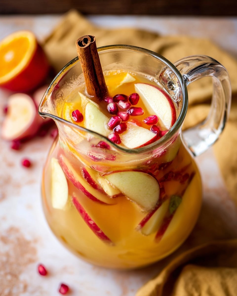 A clear glass pitcher filled with a light orange liquid, layered with slices of red-skinned apples, pale pear pieces, bright orange slices, and scattered pomegranate seeds floating on top. A whole brown cinnamon stick stands vertically in the center, rising out of the drink. The pitcher sits on a white marbled surface with a blurred tan cloth and apple slices in the background. The colors are warm and inviting, with a mix of orange, red, yellow, and soft creamy tones. photo taken with an iphone --ar 4:5 --v 7