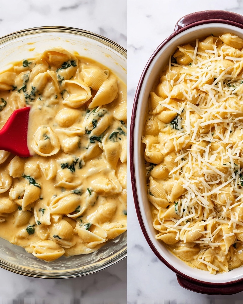 The image shows two scenes of a creamy pasta dish made with shell pasta mixed in a smooth, thick, yellow cheese sauce that coats each pasta shell, with some pieces of green leafy vegetables scattered throughout. On the left, the pasta is in a clear glass bowl with a red spatula stirring the sauce, the shell pasta clearly visible floating in the sauce with a glossy texture. On the right, the pasta is in a white baking dish with a dark red rim, topped evenly with shredded pale yellow cheese, giving the dish a textured look on top. Both dishes are placed on a white marbled surface. Photo taken with an iphone --ar 4:5 --v 7