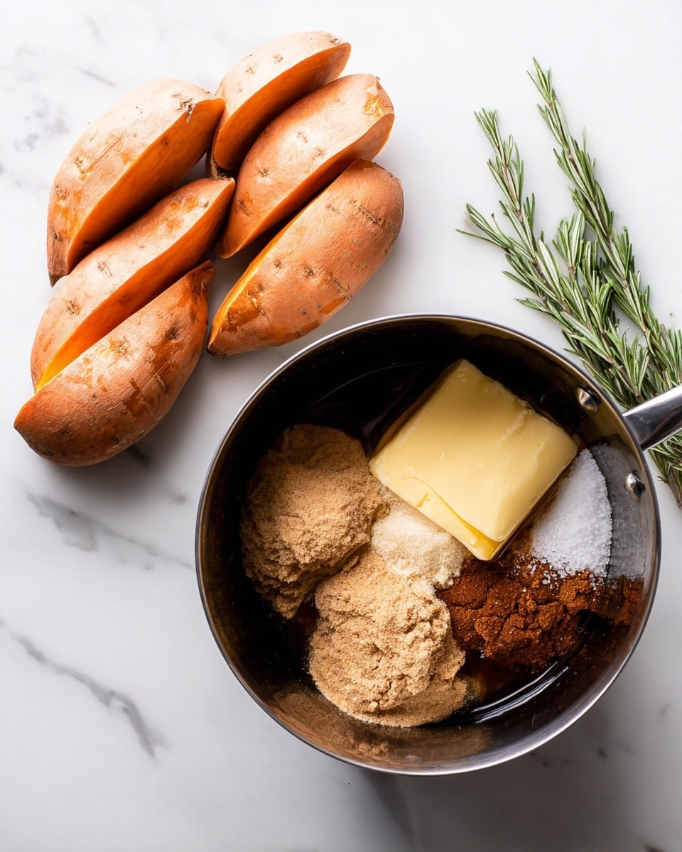 The image shows two parts on a white marbled background. On the left side, there are six peeled sweet potatoes stacked in two neat vertical rows, their skin a soft orange color with a slightly rough texture. On the right side, there is a black metal pot containing several ingredients in clear layers: a block of butter with a smooth pale yellow surface, brown sugar in a large mound with a grainy texture, some light and dark brown powders, and a drizzle of amber syrup on top, all arranged close together inside the pot. A sprig of fresh green rosemary lies next to the pot on the marble surface. photo taken with an iphone --ar 4:5 --v 7