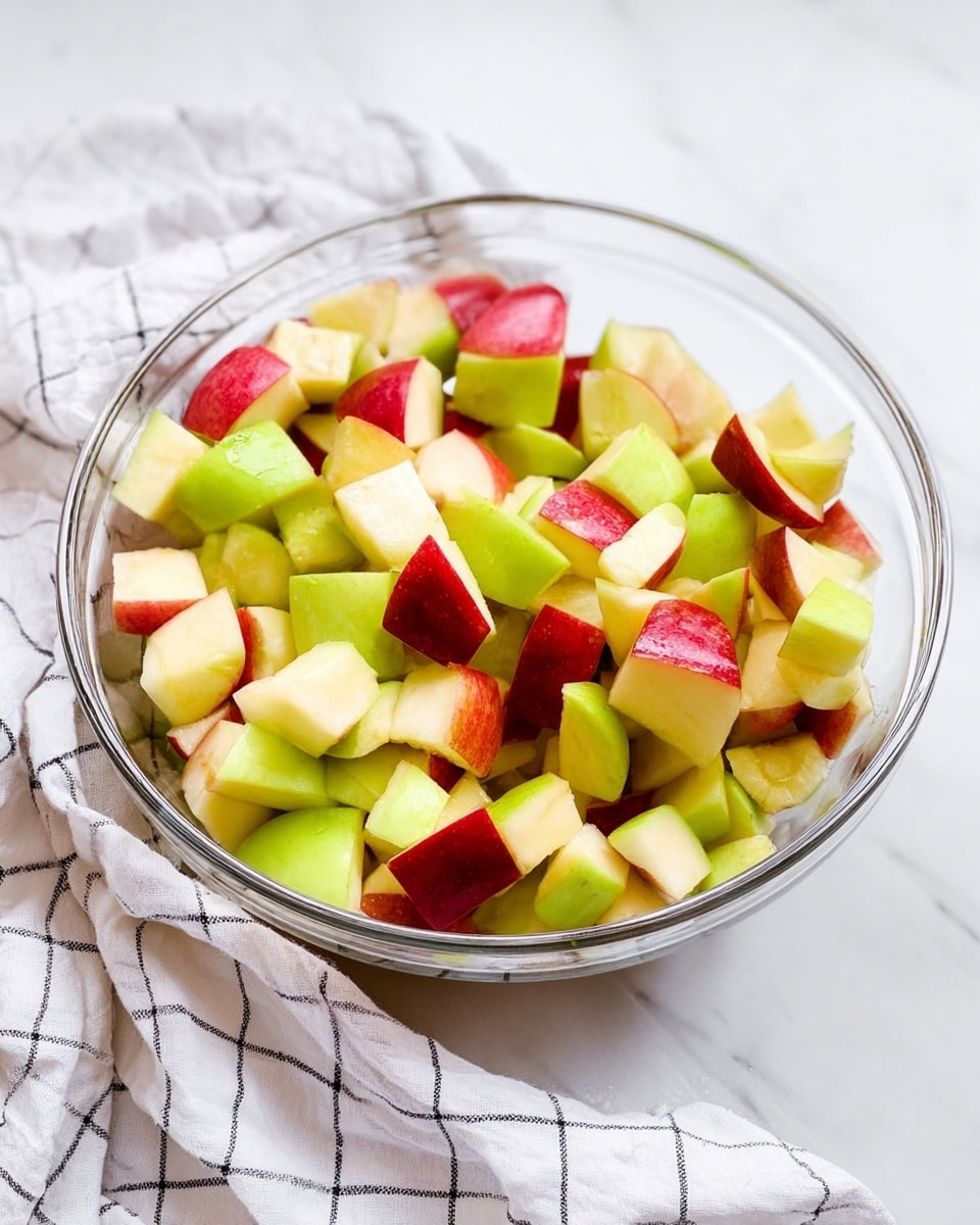 A clear glass bowl filled with roughly chopped pieces of red and green apples, showing a mix of shiny red, green, and pale yellow colors with the apple skins and flesh visible. The bowl is placed on a white marbled surface next to a soft white cloth with black checkered lines draped casually beside it. The bright colors of the apples contrast with the clean white setting, giving a fresh and simple look photo taken with an iphone --ar 4:5 --v 7