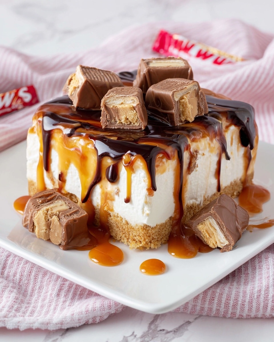 The image shows a dessert square on a white square plate placed on a white marbled texture with a pink and white striped cloth. The dessert has a bottom crumbly biscuit layer in light golden brown, a thick middle layer of soft, white cream or mousse, and a top layer covered in shiny caramel and dark chocolate sauce drizzled unevenly, creating contrasting swirls that drip over the sides. There are four cut pieces of a chocolate candy with caramel and biscuit inside, placed on top and around the dessert, adding texture and color. Photo taken with an iphone --ar 4:5 --v 7