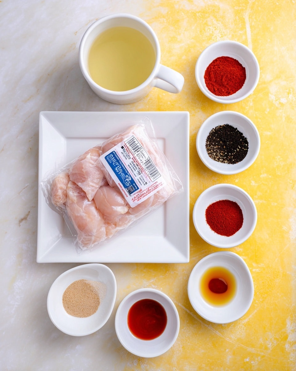 The image shows a white square plate in the center on a white marbled surface. On the plate, there is a clear plastic pack of raw boneless chicken with a label. Around the plate are eight small white bowls with different ingredients: a dark soy sauce, black pepper and pink salt mixed, bright red chili powder, brown sugar, light yellow garlic powder, red ketchup, a tiny drop of red sauce, and a white cup filled with light yellow liquid that looks like broth or tea. The bright yellow background contrasts with the white bowls and plate, making the ingredients stand out clearly. photo taken with an iphone --ar 4:5 --v 7