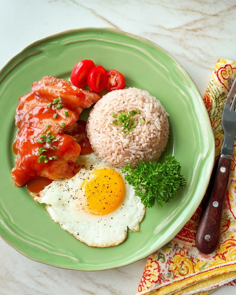 The image shows a round mound of light brown rice garnished with small green leaves, placed near the center-left of a green plate. To the right of the rice are two pieces of light pink meat covered with a glossy red sauce, slightly overlapping each other. Below the rice, a cooked egg with a bright yellow yolk and white edges is sprinkled with black pepper. On the upper left side of the plate, several halves of small red cherry tomatoes add a splash of color. A small bunch of bright green parsley is placed near the rice and egg. The green plate sits on a larger white plate, all set on a white marbled surface. A patterned cloth napkin and fork with a dark wooden handle are on the right side of the plate. photo taken with an iphone --ar 4:5 --v 7