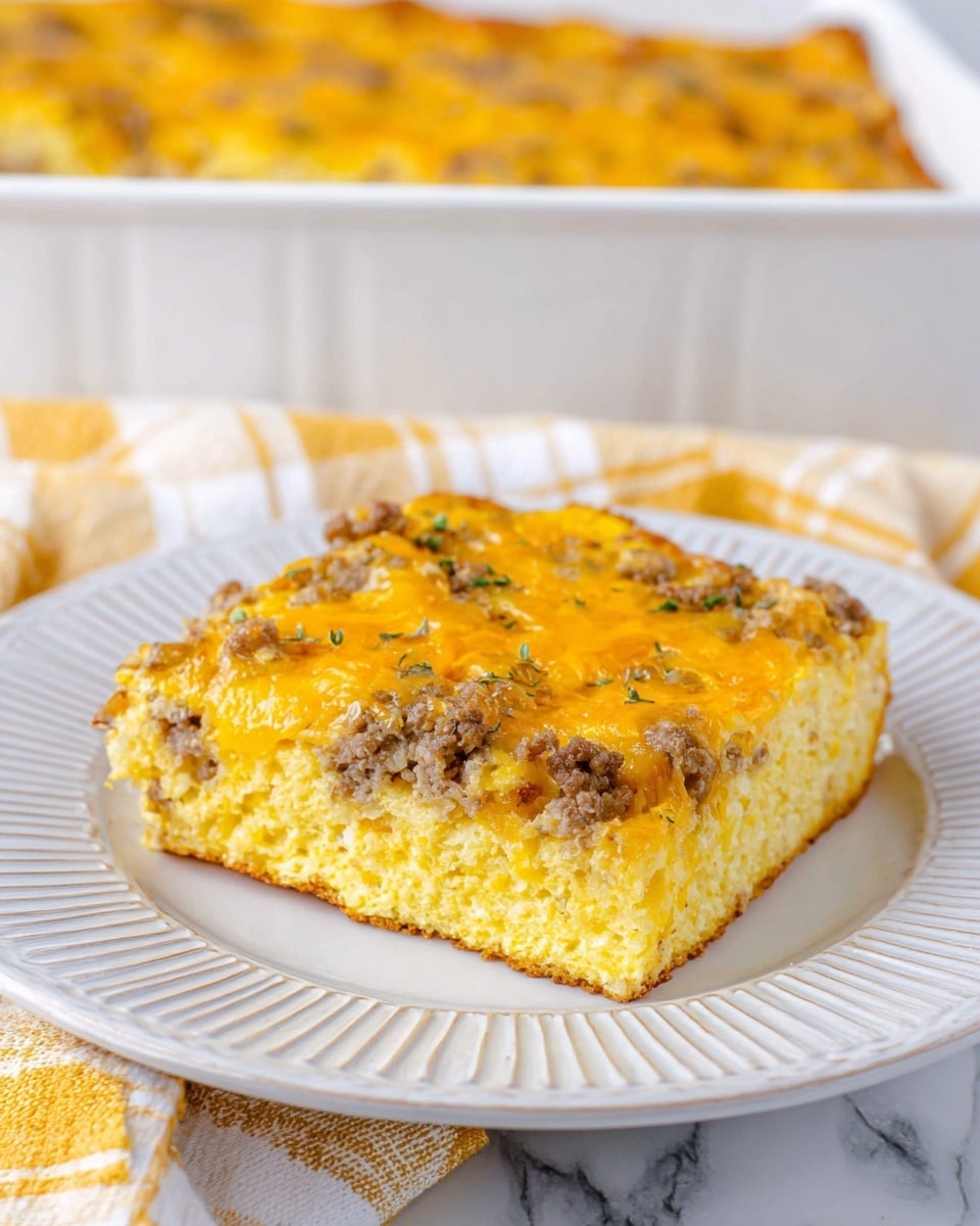 The image shows a square slice of a yellow breakfast casserole on a white plate with a ridged pattern. The dish has two visible layers: a thick, fluffy yellow egg base at the bottom with a slightly porous texture, and a top layer of mixed browned ground meat with melted orange-yellow cheese scattered evenly, creating a textured surface. The plate sits on a white and yellow checkered cloth over a white marbled surface, with a white baking dish filled with more casserole blurred in the background. Photo taken with an iphone --ar 4:5 --v 7