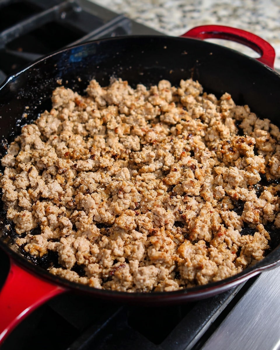 A close-up of cooked ground meat in a black cast iron skillet with a red handle, showing a crumbly texture with light brown and golden brown spots. The skillet is placed on a silver stovetop burner, and some parts of the meat show slight browning from cooking. The meat layer covers the entire bottom of the skillet evenly, with some shiny oil glistening between the meat pieces. Photo taken with an iphone --ar 4:5 --v 7