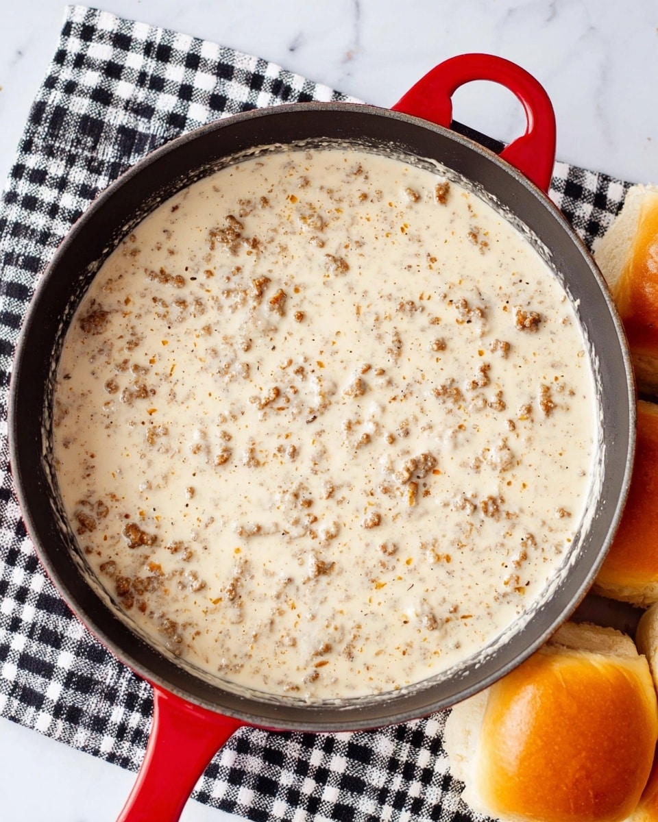 A top view of a black pan with red handle filled with a thick creamy white sauce mixed with small crumbles of browned sausage evenly spread throughout, placed on a white marbled surface with a black and white checkered cloth under one side of the pan; to the right side of the pan, there are golden brown soft rolls placed on the white marbled surface. photo taken with an iphone --ar 4:5 --v 7