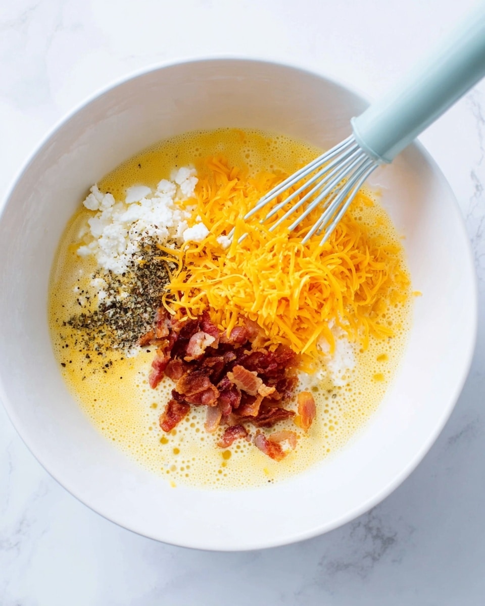 A white bowl on a white marbled surface holds several layers of ingredients ready to be mixed. At the bottom is a frothy yellow liquid layer of beaten eggs. On top of this, to the right, is a mound of bright orange shredded cheddar cheese. Near the center is a small pile of crispy brown bacon bits. To the left of the bacon is a dollop of white cottage cheese with a bit of its rough texture visible. At the top is a sprinkle of black ground pepper. A light blue whisk is resting inside the bowl, touching the ingredients. Photo taken with an iphone --ar 4:5 --v 7