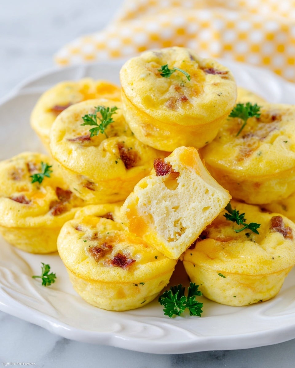 The image shows a white decorative plate filled with about ten small, round egg muffins stacked loosely on top of one another. Each egg muffin is golden yellow with a slightly browned edge, showing a soft and fluffy texture. There are bits of browned bacon or sausage mixed inside the muffins, visible through the smooth yellow surface. Small green parsley leaves are sprinkled on top of the muffins for garnish. One egg muffin is broken in half at the front, revealing the airy, light interior with more pieces of meat inside. The plate sits on a white marbled surface with a corner of a yellow checkered cloth visible in the background. Photo taken with an iphone --ar 4:5 --v 7
