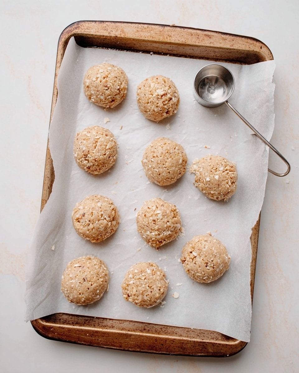 A rustic baking tray with a slightly worn metal look holds nine evenly spaced round cookie dough pieces on a sheet of white parchment paper; the dough is light beige with visible small white flakes and bits of nuts, showing a rough and textured surface. On the upper right side of the tray, there is a small metal measuring cup with a shiny silver finish, resting on a white marbled surface that forms the background. The whole scene is bright and softly lit, focusing on the raw dough details. photo taken with an iphone --ar 4:5 --v 7