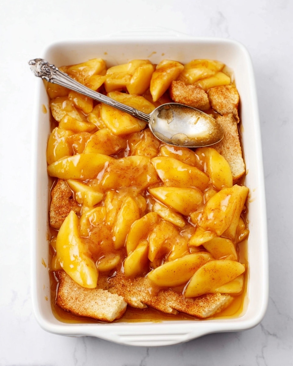 A white rectangular baking dish filled with multiple thick slices of cooked pale yellow apples with a soft texture, coated and mixed with a glossy amber sauce. Beneath the apples, there are evenly spaced pieces of light beige bread, slightly toasted and coated with cinnamon. On the upper right edge of the dish, there is a silver spoon resting inside among the apples and sauce. The whole dish sits on a white marbled surface. photo taken with an iphone --ar 4:5 --v 7
