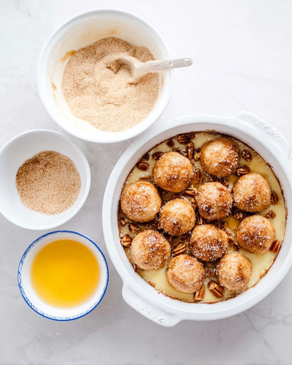 The image shows a white round baking dish filled with a dessert made of 12 small golden brown dough balls covered lightly with sugar on top. They rest on a thin layer of caramel-colored sauce with chunks of pecans beneath. To the left, there are two white mixing bowls: the top bowl contains a light beige mixture sprinkled with brown sugar, and the bottom bowl has a small amount of melted butter with a warm yellow color. The scene is set on a white marbled surface. photo taken with an iphone --ar 4:5 --v 7
