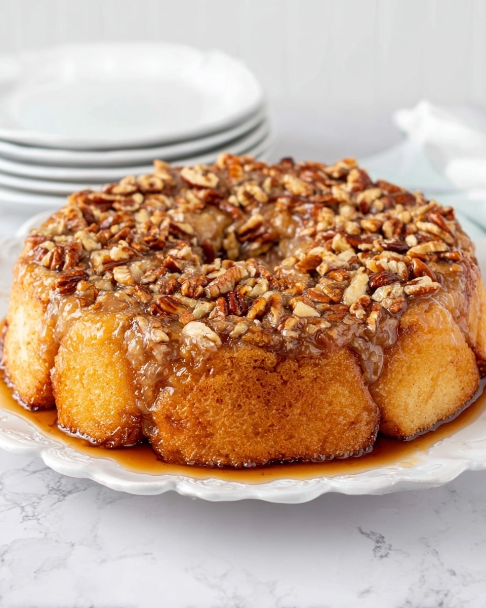 The dish is a round cake placed on a white scalloped plate. It has a thick golden brown crust that wraps all around the sides, with a slightly shiny and moist texture. The top layer is covered with a mix of chopped nuts, including pecans and walnuts, which are scattered evenly. There is a glossy syrup or glaze that coats the nuts and runs slightly down the sides, adding a sticky, shiny appearance. The background is a white marbled texture with a few white plates stacked blurred in the back. photo taken with an iphone --ar 4:5 --v 7