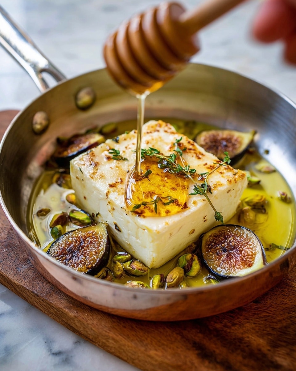 A close-up of a small round silver pan filled with golden olive oil, with a thick square piece of creamy white cheese, slightly browned on the edges and placed in the center. Around the cheese, there are two dark roasted fig halves, bright green chopped pistachios sprinkled over the cheese, and small sprigs of fresh green thyme leaves scattered around. A woman's hand is holding a wooden honey dipper above the cheese, slowly pouring thick honey that glistens as it flows down onto the cheese. The pan rests on a wooden board, and the whole scene is set against a white marbled surface. photo taken with an iphone --ar 4:5 --v 7