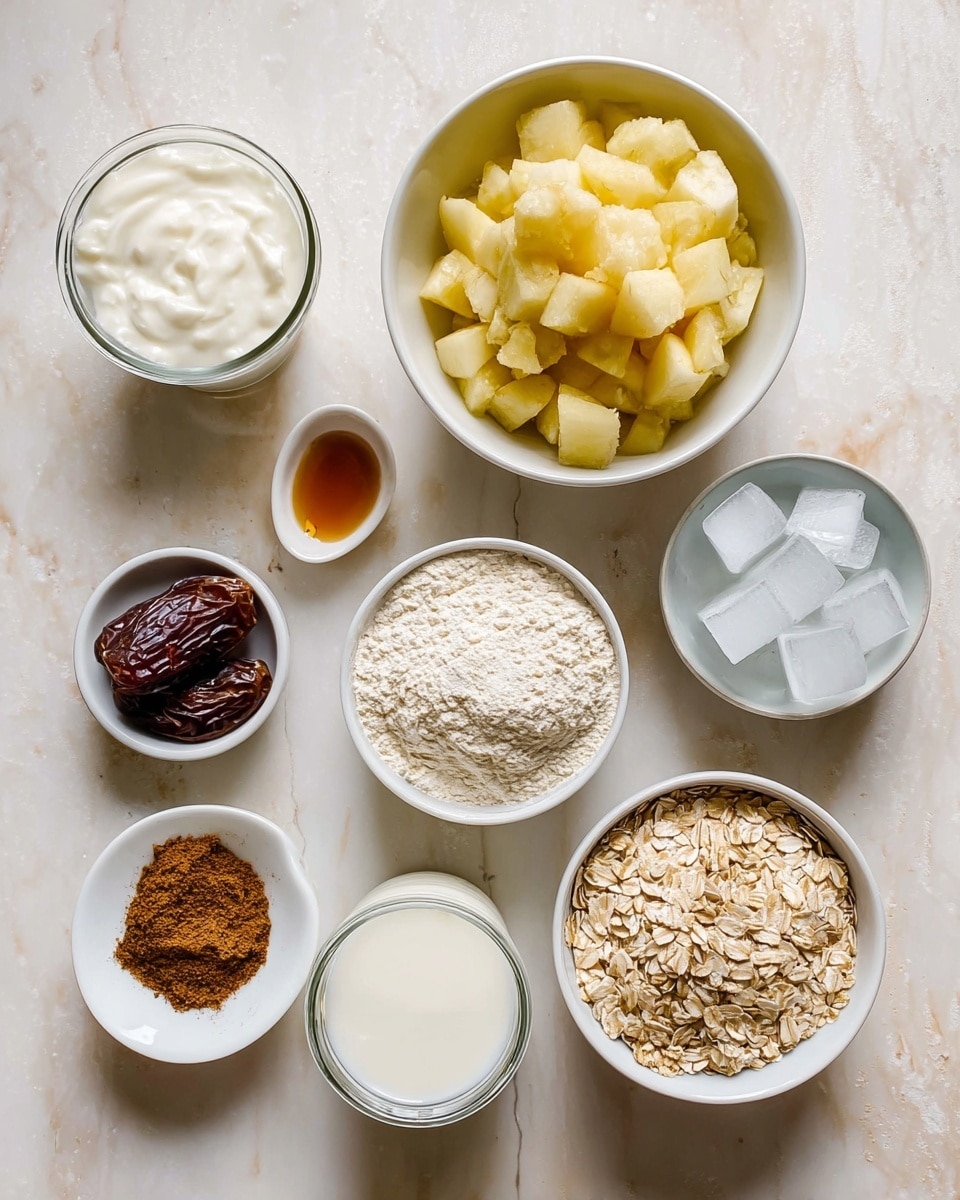 The image shows nine small white bowls arranged on a white marbled surface. In the center, there is a bowl filled with yellowish chopped apples. To the right, another bowl holds light brown rolled oats, and next to it is a smaller bowl with white powder, possibly flour. Below the oats and flour, there is a glass with creamy white milk and a bowl filled with clear ice cubes. On the left side, there is a small bowl with white creamy yogurt, a small bowl with dark brown almond butter or nut butter, a white dish with a single dark brown date, and another tiny bowl with ground cinnamon powder. On the top center, there is a small dish with a dark amber liquid, likely maple syrup or honey. The overall setup is clean and organized, with soft natural lighting. photo taken with an iphone --ar 4:5 --v 7
