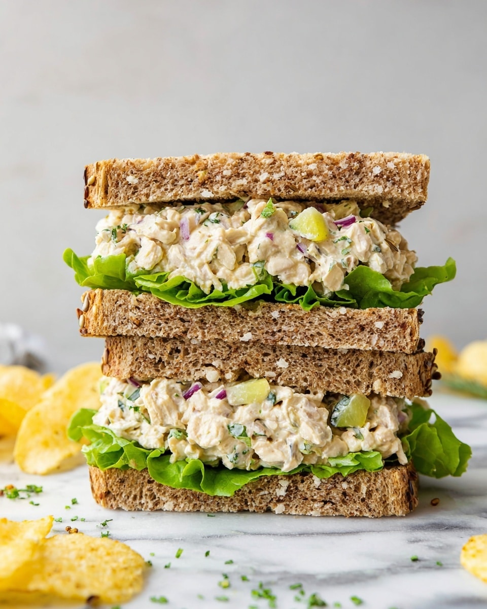 This image shows a sandwich with three layers of brown whole grain bread with visible seeds and a dense, textured crumb. The bottom layer consists of a thick spread of light beige chicken salad mixed with small pieces of green pickles and purple onions, sitting on a bright green lettuce leaf. The middle layer is another slice of bread, topped with another thick helping of the same chicken salad mixture, again with visible bits of green and purple vegetables, and another fresh green lettuce leaf. The sandwich is stacked neatly on a white marbled surface, with a few yellow potato chips scattered in the lower left corner and some green herb sprinkles nearby. photo taken with an iphone --ar 4:5 --v 7