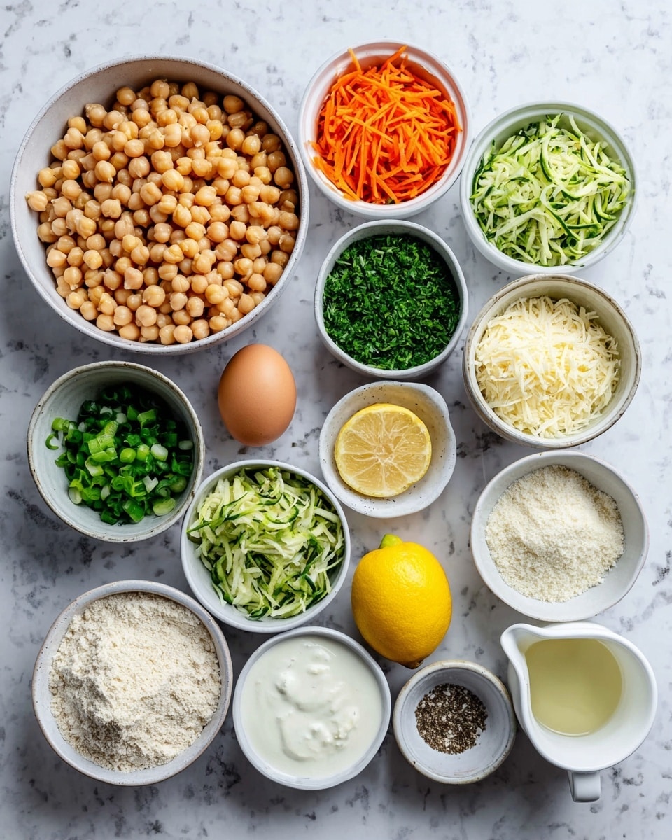 The image shows many small white bowls and one larger white bowl arranged on a white marbled surface, each holding different ingredients. The large bowl on the left is filled with light brown chickpeas. Surrounding it are smaller bowls with green chopped spring onions, red shredded carrots, green shredded zucchini, white flour, white grated cheese, panko breadcrumbs, chopped dark green herbs, and a creamy white yogurt sauce in a white pitcher. There is also a whole brown egg, two lemon halves showing a pale yellow inside, a small bowl with a mix of salt, black pepper, and garlic powder, and a bowl with olive oil. The ingredients are neatly placed with varying colors and textures, making a fresh and clean food prep scene. Photo taken with an iphone --ar 4:5 --v 7