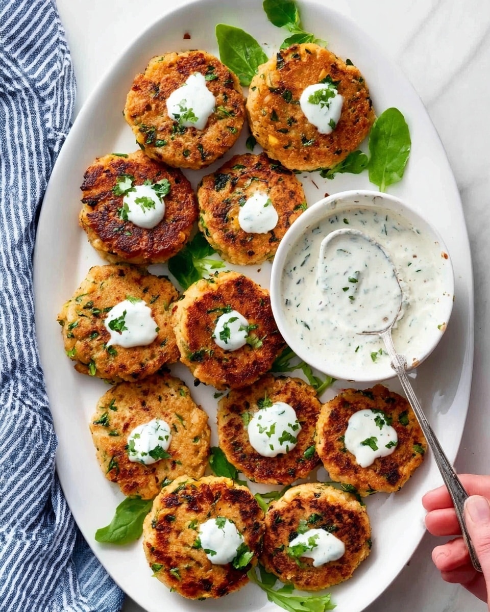 The image shows a white oval plate on a white marbled surface with eight golden-brown patties arranged in two rows. Each patty has a slightly crispy texture with small green herb pieces inside. Small dollops of white sauce are spread on top of the patties, and a few fresh green leaves are placed between them. On the right side of the plate is a white bowl filled with creamy white sauce speckled with green herbs; a spoon rests inside the bowl. A woman's hand holding the spoon is partially visible on the right. A blue and white striped towel is on the left edge of the image. Photo taken with an iphone --ar 4:5 --v 7