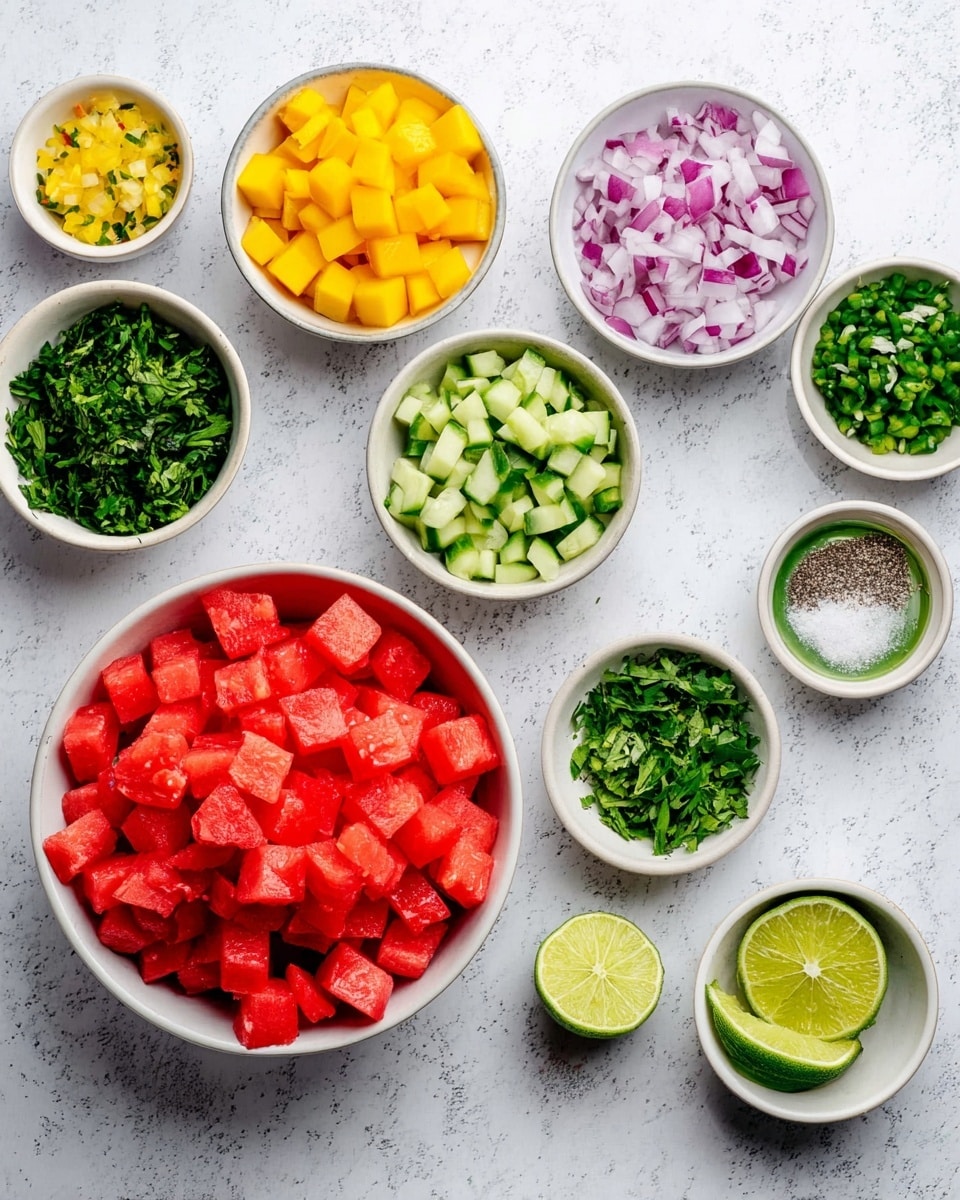 The image shows a flat lay of nine white bowls arranged on a white marbled surface. The largest bowl in the center holds bright red, diced watermelon pieces, while the surrounding bowls contain diced yellow mango, chopped green cucumber, purple chopped onion, green chopped herbs, finely chopped green peppers, chopped leafy greens, a small bowl of coarse salt, and a small bowl with lime zest. Two lime halves sit near the bottom right. All items are neatly organized and vibrant in color, giving a fresh and healthy look. photo taken with an iphone --ar 4:5 --v 7