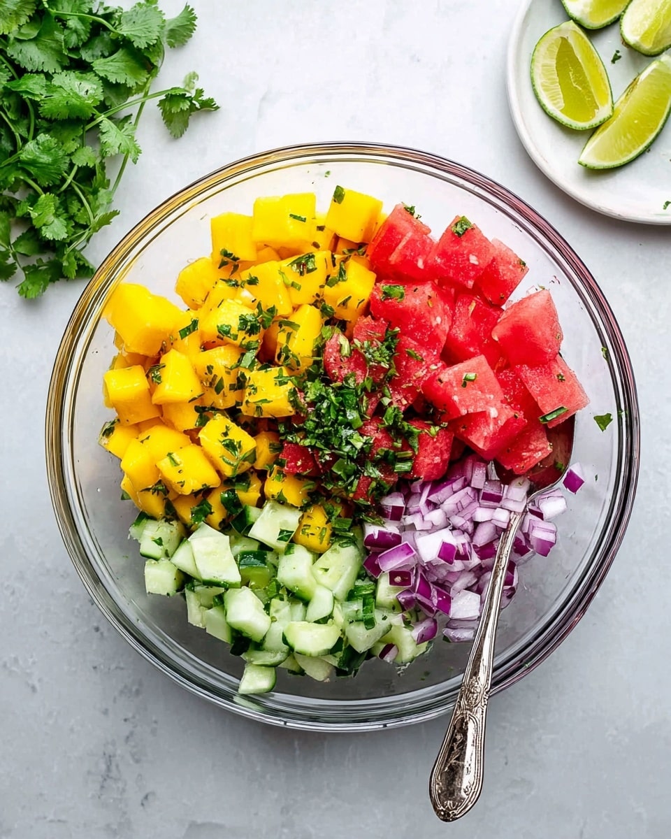 A clear round glass bowl sits on a white marbled surface, filled with five main layers of fresh cut ingredients. Starting from the bottom are chunks of light green cucumber and small pieces of purple-red onion, arranged mostly on the bottom right. Next to them toward the left are juicy yellow mango cubes, topped with small green chopped herbs and a sprinkle of finely minced chives in the center. On the top right, bright red watermelon cubes add a fresh pop of color. A silver spoon with a detailed handle rests inside the bowl on the right side, partially on the watermelon pieces. Around the bowl are sprigs of fresh green cilantro and a small white plate with lime wedges. The photo was taken with an iphone --ar 4:5 --v 7