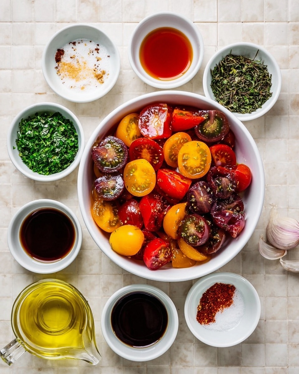 A white bowl filled with many colorful tomato halves in red, yellow, and dark purple colors sits at the center. Around the bowl, there are several small white dishes arranged neatly, each holding a different ingredient: one with finely chopped green herbs, another with dried green leaves, one with minced garlic, another with red chili flakes, and one with coarse white salt. There are also two small white bowls containing dark brown and bright red liquids, and a small clear glass container with a golden yellow oil, all placed on a white marbled tile surface. Photo taken with an iphone --ar 4:5 --v 7