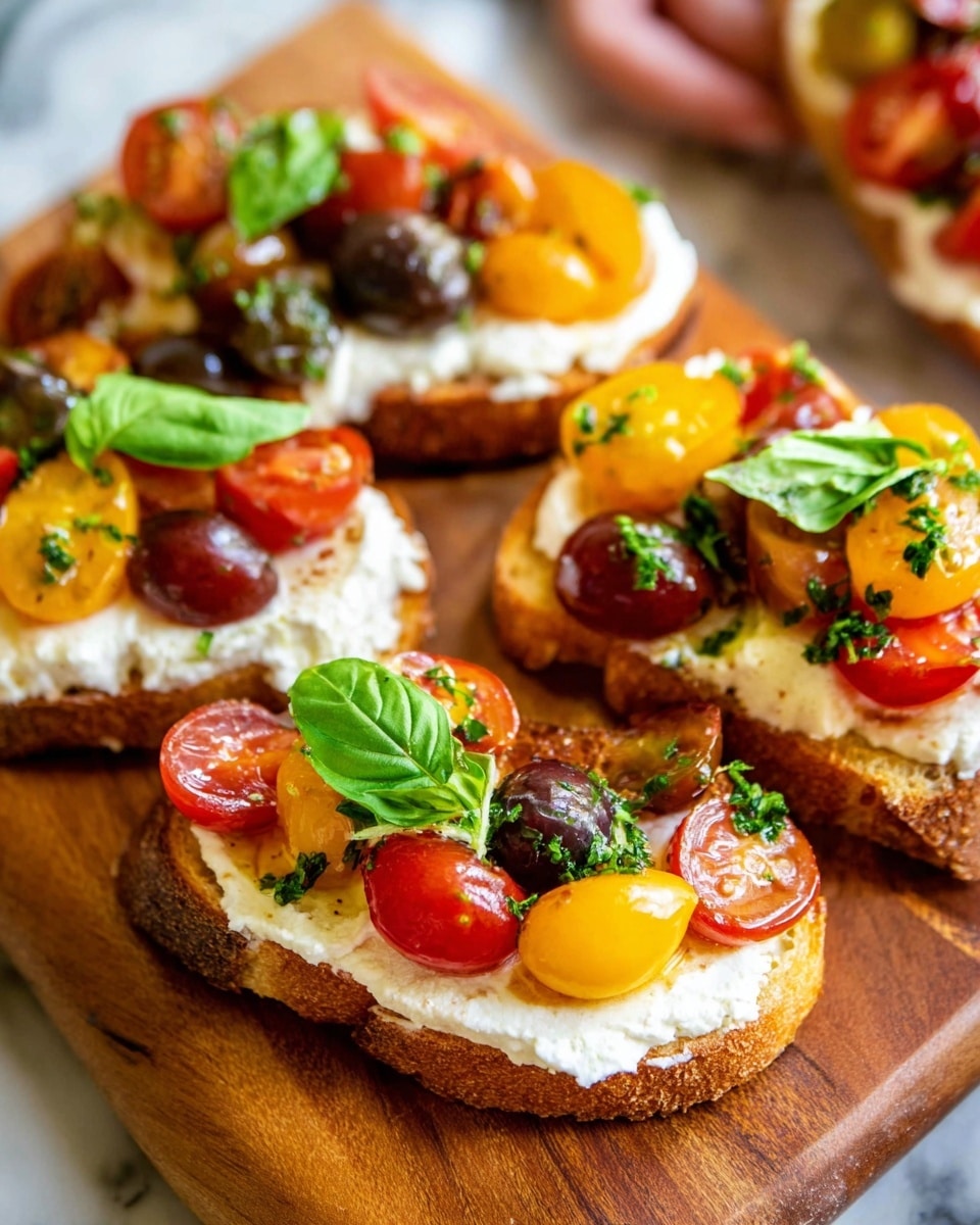 The image shows four pieces of toasted bread with a golden brown crust on a wooden board. Each slice is topped with a thick layer of smooth, white cream cheese spread evenly. On top of the cheese, there are colorful halved cherry tomatoes in red, yellow, and dark purple shades, mixed with finely chopped green herbs. Each piece is decorated with fresh green basil leaves, adding a bright contrast. The wooden board sits on a table with a white marbled texture background, and a glimpse of a woman's hand holding a piece of toast is visible on the right side. photo taken with an iphone --ar 4:5 --v 7