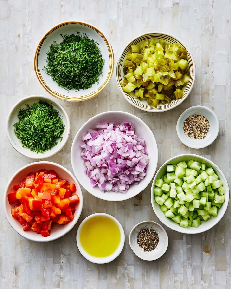The image shows nine small white bowls arranged on a white marbled surface. The top row has three small bowls: one with finely chopped green dill, one with chopped green peppers, and one with chopped cucumbers. The middle row has three bowls: one on the left with chopped pickles in a white bowl with a gold rim, one in the center with chopped red onions, and one on the right with chopped cucumbers in a white bowl with a gold rim. The bottom row has three small bowls: one with yellow oil on the left, chopped red bell pepper in a white bowl with a gold rim in the center, and two very small bowls on the right with minced garlic and ground black pepper. All the colors are bright and fresh, and the ingredients are chopped into small cubes. The photo taken with an iphone --ar 4:5 --v 7