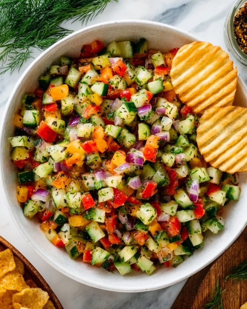 A white round bowl filled with a colorful salad made of small diced pieces of green cucumber, red bell pepper, orange carrot, and purple onion mixed evenly. The salad is sprinkled with small black seeds and herbs, giving it a fresh look. On the right edge of the bowl, three ridged potato chips stand upright, adding texture and contrast. A fresh sprig of green dill is placed to the left side of the bowl. The bowl sits on a white marbled surface with another container of chips partially visible on the side. photo taken with an iphone --ar 4:5 --v 7
