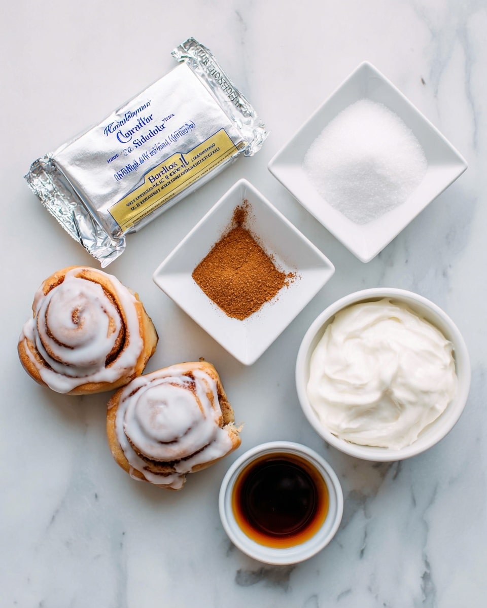 The image shows a white marbled surface with several baking ingredients arranged on it. There are three small cinnamon rolls with white icing on the left side, next to a silver wrapper of butter labeled Kerrygold cinnamon & sugar. Above that is a small white square dish with cinnamon powder, and next to it is a white bowl filled with white powdered sugar. To the right, a smaller white bowl contains thick white cream or frosting, and below that is another small white bowl with a dark brown liquid, likely vanilla extract. All items are neatly placed with clear, distinct colors and textures, and the photo was taken with an iphone --ar 4:5 --v 7