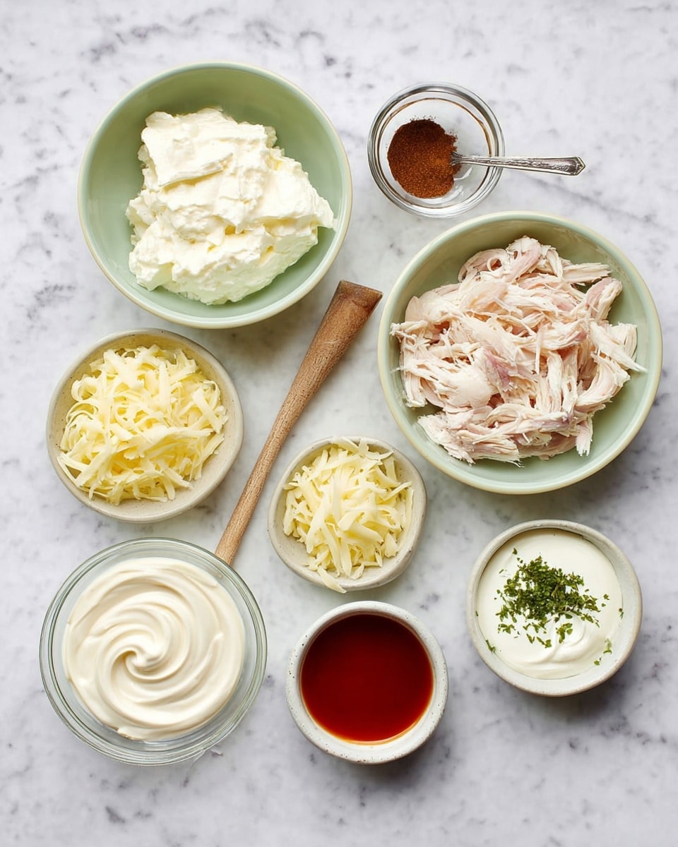 The image shows seven small bowls placed on a white marbled surface. At the top left is a pale green bowl filled with thick, white creamy cheese. To the right, a similar green bowl holds shredded light pink chicken. Below the chicken bowl is a small white bowl filled with pale yellow shredded cheese. To the left of that is a small clear glass bowl with a swirl of white creamy sauce. At top center, there is a wooden spoon with a round end and some brown powder inside. To the top right is a small silver bowl with a dark brown liquid, and below it, another silver bowl with bright red sauce. At the bottom right is a small white bowl with green herbs sprinkled on a white creamy base. photo taken with an iphone --ar 4:5 --v 7