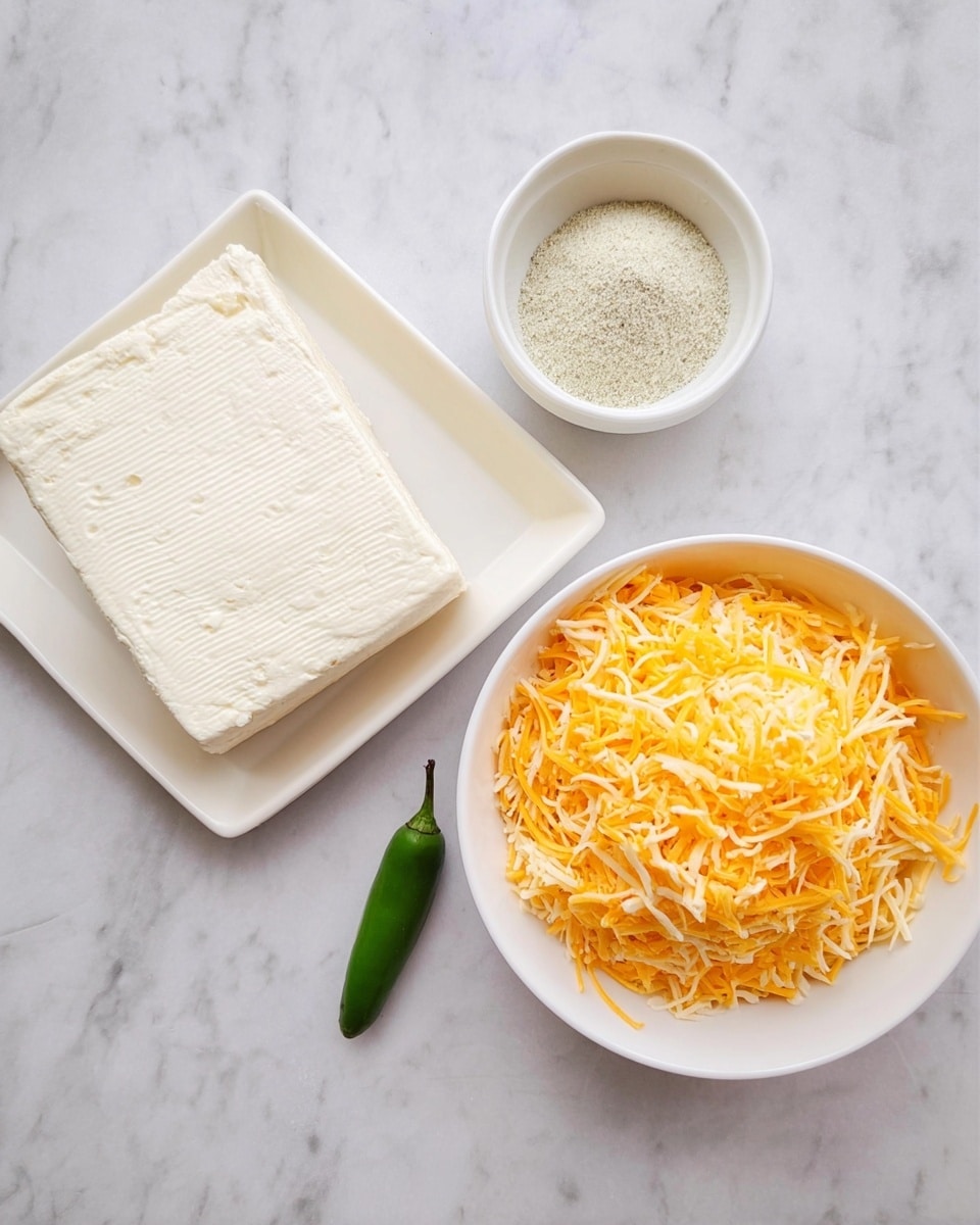 The image shows three main ingredients on a white marbled surface. There is a white bowl filled with a large amount of finely shredded orange and light yellow cheese, positioned on the right side. To the left, there is a rectangular white block of soft cream cheese resting on a white tray. Above the cream cheese, there is a small white bowl containing a light grayish powder, likely a seasoning mix. Between the bowls and block, there is a single small green chili pepper. The overall arrangement is simple and neat, emphasizing the contrasting colors and textures of the ingredients. photo taken with an iphone --ar 4:5 --v 7