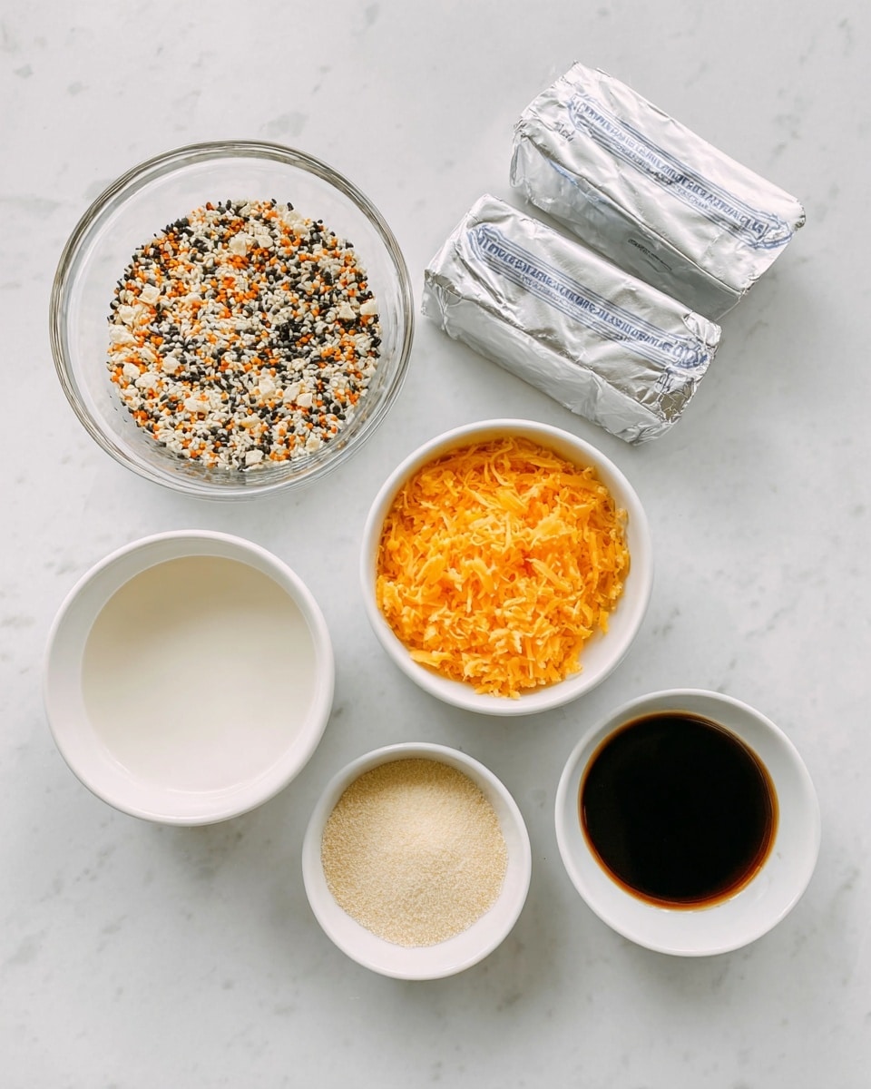 The image shows six items arranged on a white marbled surface. At the top center, there is a clear glass bowl filled with a mix of small, colorful particles like sesame seeds and seasonings in white, orange, and black colors. To the right of the bowl, two silver foil-wrapped packs of cream cheese rest together. Below the foil packs is a white bowl filled with a bright orange grated cheese. To the right of the grated cheese is a white bowl holding a dark liquid, likely soy sauce. Below the glass bowl is another white bowl with a small amount of a light beige powder. To the left of the grated cheese is a white bowl containing a white liquid, possibly vinegar or water. Everything is neatly placed with clear spacing between each item on the smooth white marbled surface, photo taken with an iphone --ar 4:5 --v 7