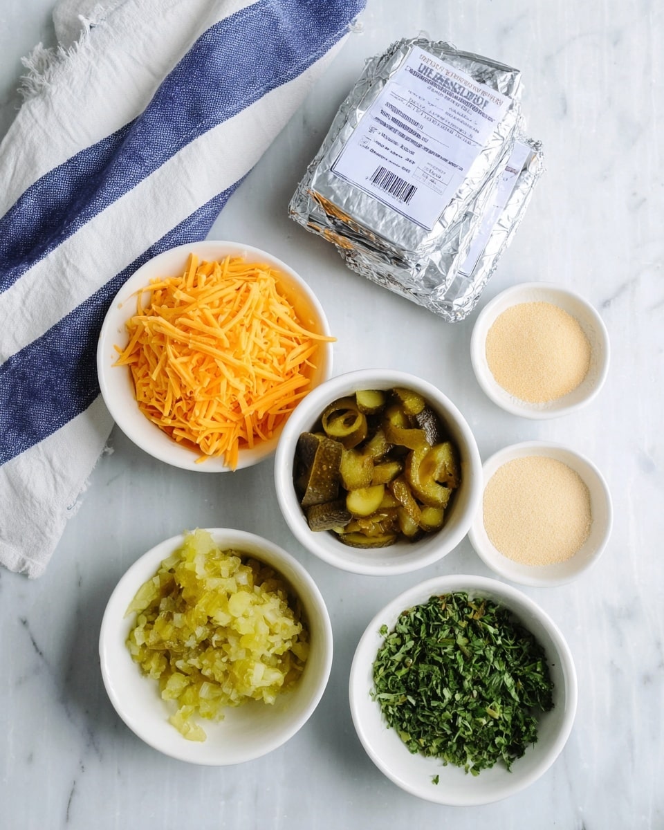 The image shows several ingredients neatly arranged on a white marbled surface. At the back, there are two silver-wrapped cheese packages stacked on top of each other with a blue and white striped cloth nearby. In front are five small white bowls: one filled with shredded orange cheddar cheese, another with finely chopped green pickles, a third holding a yellowish relish mix, a fourth containing fresh finely chopped green herbs, and the last one has a pale beige powder or seasoning. The setup is clean and simple, with a soft natural light. Photo taken with an iphone --ar 4:5 --v 7