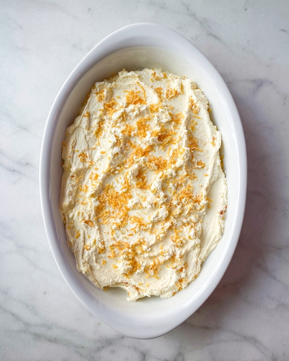 A white oval dish holds a single layer of mixed cream cheese and shredded cheddar cheese spread evenly, covering the whole surface with a slightly rough texture showing the orange bits of cheese inside. The dish sits on a white marbled surface that adds subtle gray vein details around it. photo taken with an iphone --ar 4:5 --v 7