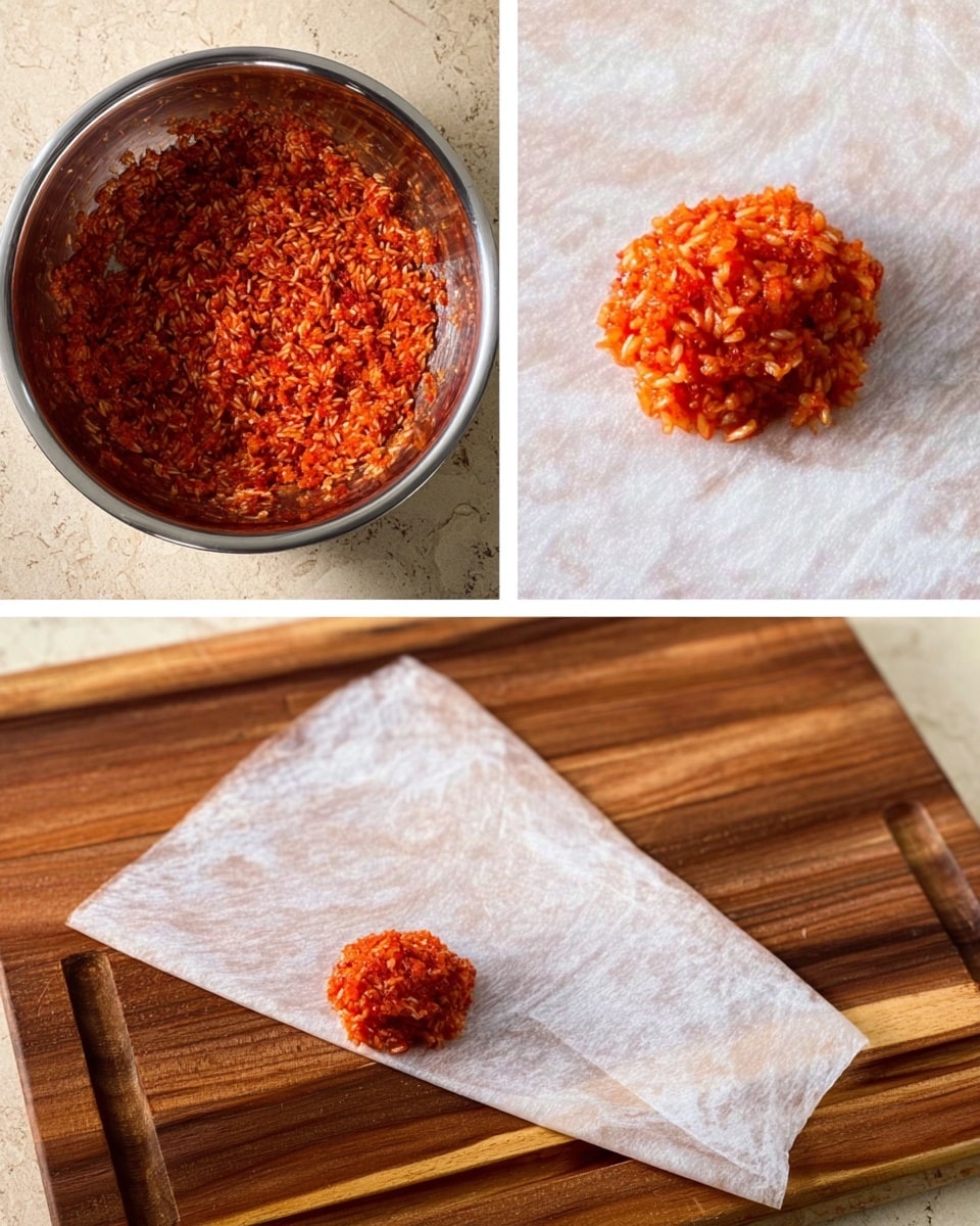 The first image shows a silver metal bowl filled with a mixture of red sauce and small rice pieces, creating a thick, textured red and white blend. The second image focuses on a small rounded scoop of the same red and white mixture placed in the center of a large, thin, transparent sheet of wrap on a white marbled wooden board. The third image shows the same sheet of wrap being folded diagonally over the red and white mixture, partially covering it on the white marbled wooden board. Photo taken with an iphone --ar 4:5 --v 7